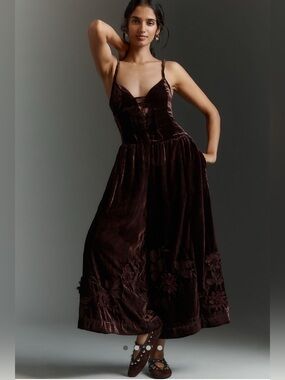 NWT by Anthropologie $328 3D Floral Velvet Brown Jumpsuit Size 4